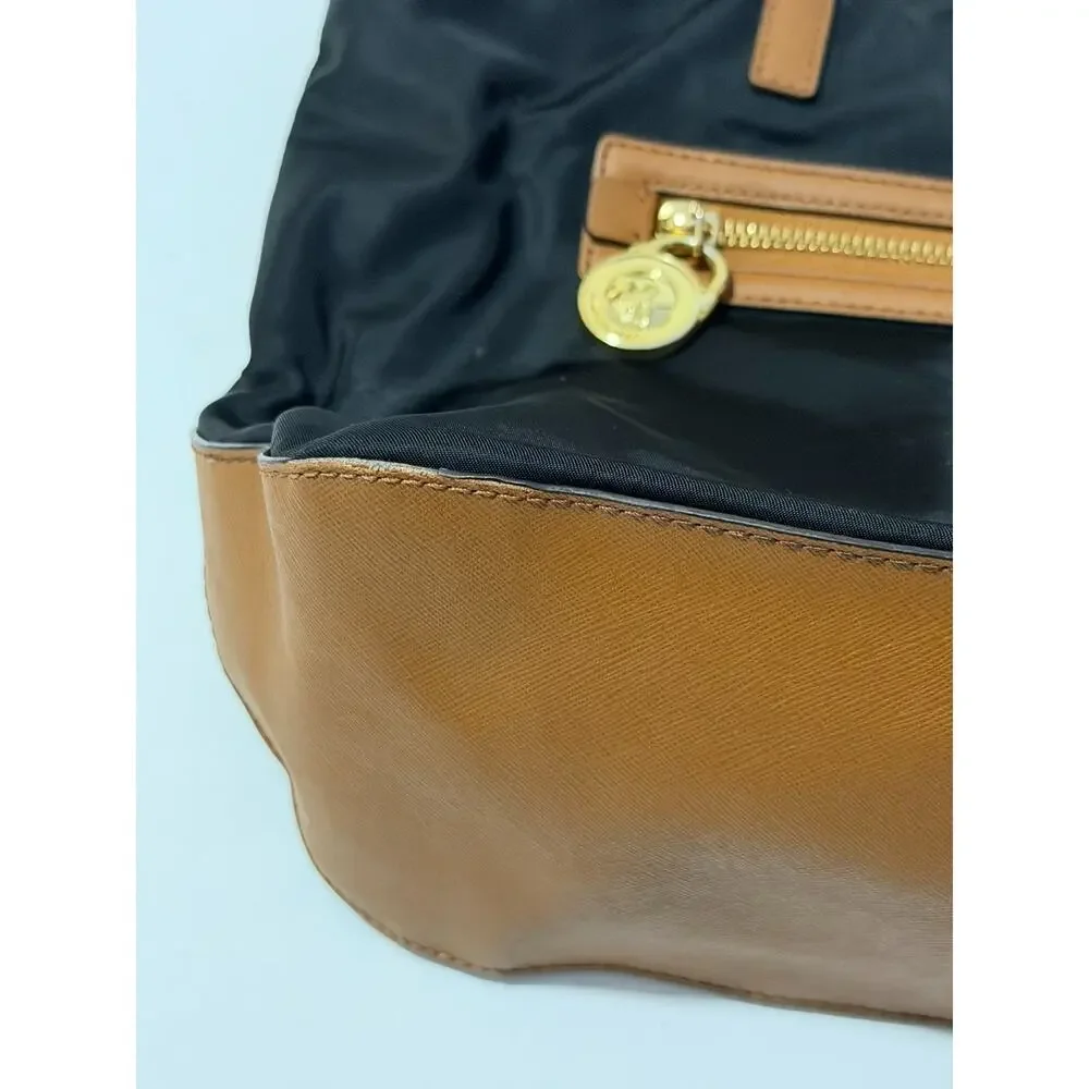 Michael Kors Nylon Tote Bag Black Tan Leather Trim Gold Hardware
